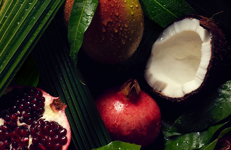 nutriplenish ingredient image featuring pomegranate, coconut and mango.