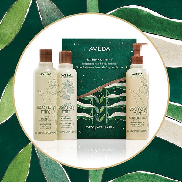 Shop our limited-edition rosemary mint gift set in one of our best selling aromas for hair & body